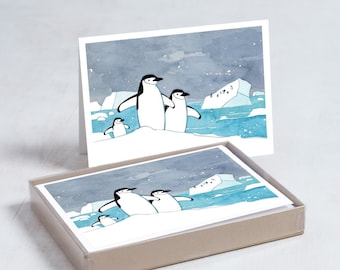 Penguins Christmas Card Set Chinstrap Penguin Animal Illustration Holiday Card Set