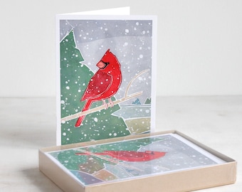 Cardinal Christmas Card Set Watercolor Illustrated Bird Holiday Cards