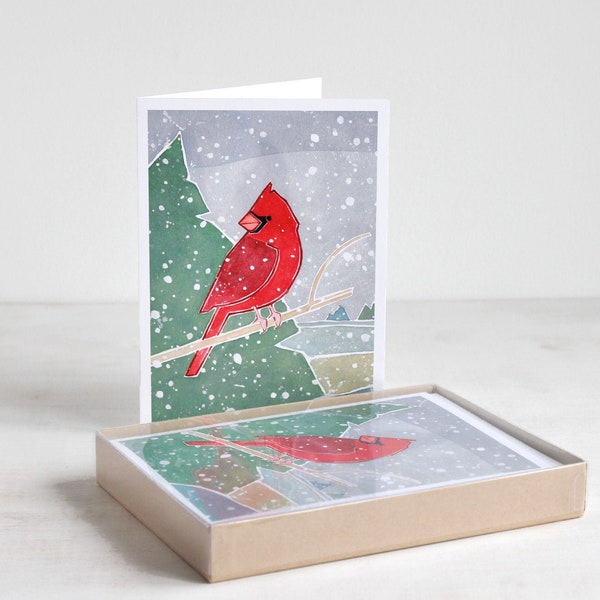 Cardinal Christmas Card Set Watercolor Illustrated Bird Holiday Cards