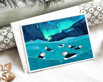 Puffins and Northern Lights Card Illustrated Animal Holiday Card