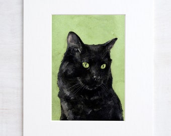 Black Cat Watercolor Painting 5x7 Print Feline Cat Lover Gift