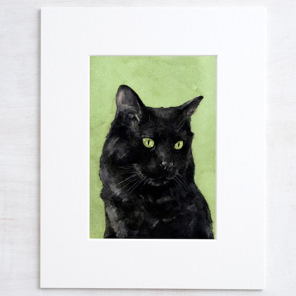 Black Cat Watercolor Painting 5x7 Print Feline Cat Lover Gift