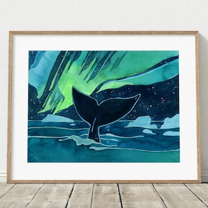 Bowhead Whale Northern Lights Art Print Aurora Borealis Watercolor