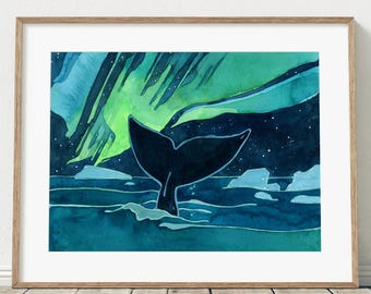 Bowhead Whale Northern Lights Art Print Aurora Borealis Watercolor