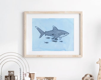 Shark Illustration Print Shark Nursery Decor Childrens Watercolor Wall Art White Tip Shark with Pilot Fish