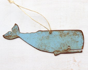 Rustic Metal Whale Christmas Ornament Nautical Holiday Beach Decor Blue