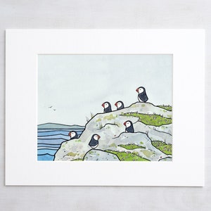 Puffins and Sea Thrift Print Coastal Bird Art Animal Wall Decor image 1