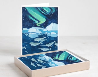 Narwhals Northern Lights Christmas Holiday Card Set Blank Notecards