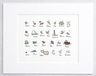 Ocean Alphabet Illustrated Print Nautical ABC Art Print Nursery Decor