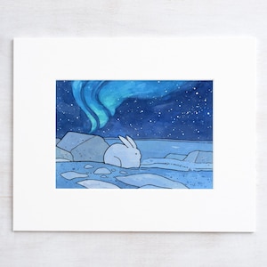 Ilustración de liebre con raquetas de nieve impresa con auroras boreales árticas