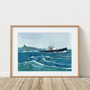 Lobster Fishing Boat Watercolor Print New England Seascape Nautical Art