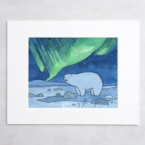 Polar Bear and Northern Lights Art Print Arctic Nursery Cute Animal Illustration