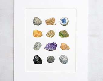 Rock Mineral Collection Art Print 8x10 Watercolor