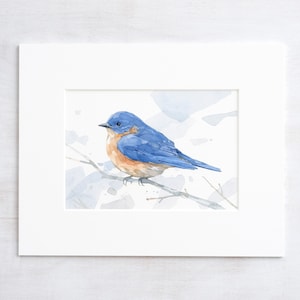 Bluebird Watercolor Print Woodland Painting Bird Decor Backyard Birdwatcher Gift 5x7 image 1