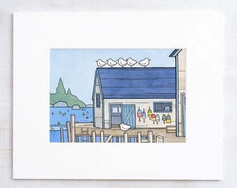 Lobster Dock Art Print Whimsical New England Seascape Print Watercolor Art Print