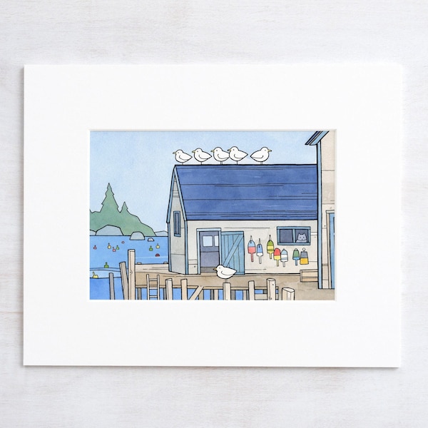 Lobster Dock Art Print: Whimsical New England Watercolor Seascape