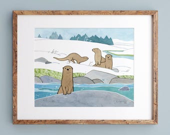 River Otters in Snow Art Print Animal Kids Room Wall Decor