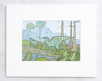 Parasaurolophus Print: Duck-Billed Dinosaur Watercolor Illustration