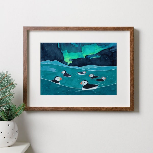 Puffins Northern Lights Art Print Kids Arctic Animal Art Aurora Borealis