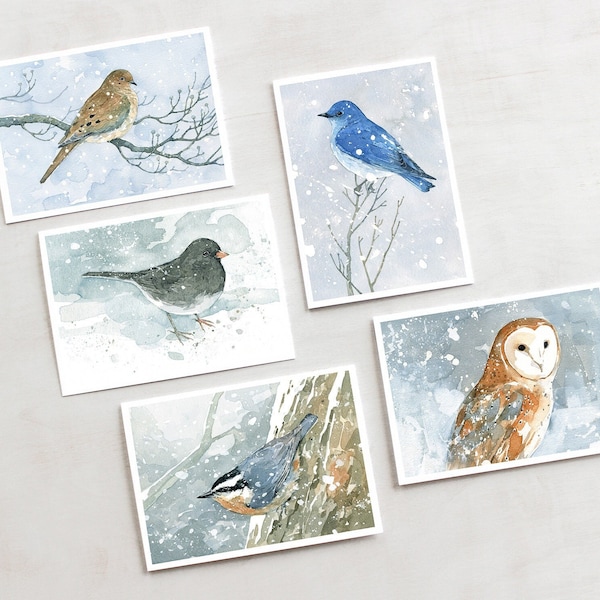 Winter Birds Holiday Cards Mixed Set 2 Birds in Snow Watercolor Christmas Card Set  Festive Stationary