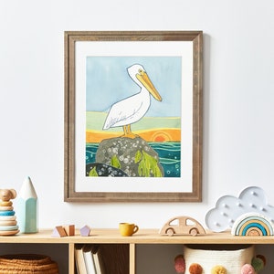 Stampa artistica del pellicano, acquerello nautico, illustrazione del pellicano bianco