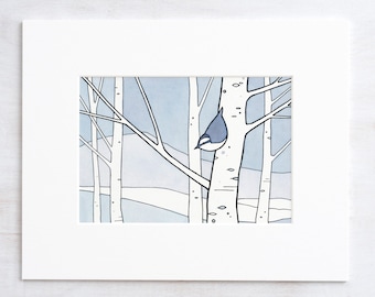 Nuthatch and Aspens Winter Illustration Print Kids Wall Art