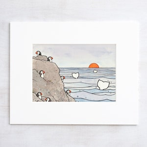 Whale Tails and Puffins Illustration Print Nursery Wall Art, Coastal Bird Art