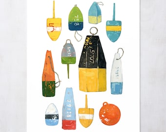 Lobster Buoys Watercolor Painting Colorful Nautical Print