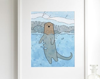 River Otter Art Print Nursery, Kids Room Decor Animal Illustration Print