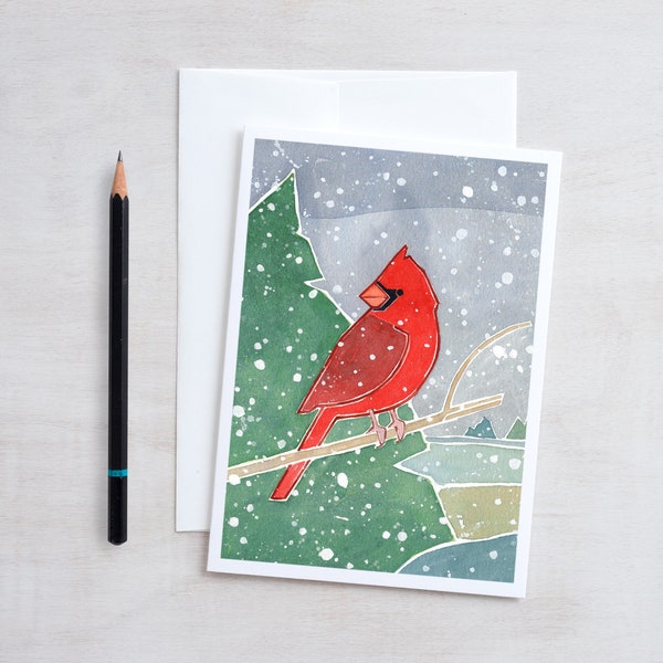 Cardinal Christmas Card Illustrated Holiday Card Winter Stationery