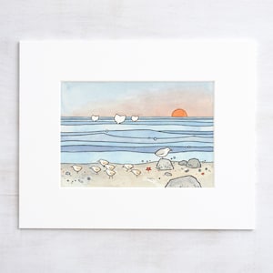 Beach Illustration Sandpipers and Whales Print Coastal Shore Art Illustration 5x7 (8x10 mat)