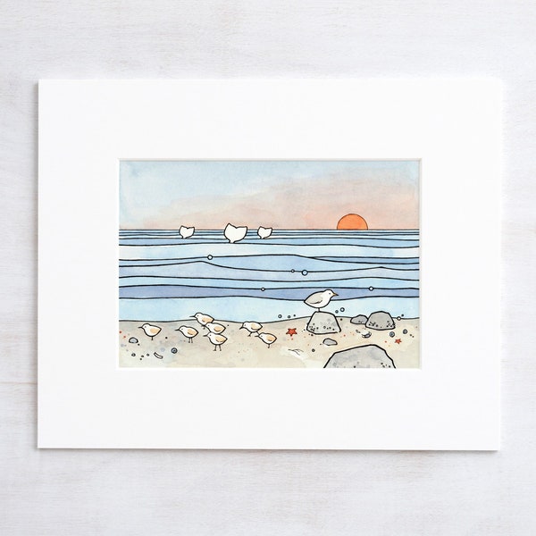 Beach Illustration Sandpipers and Whales Print Coastal Shore Art Illustration