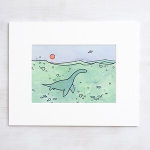 May include: A watercolor painting of a green plesiosaur swimming in a blue and green ocean. The plesiosaur is surrounded by small blue fish and bubbles. The sun is setting in the background.