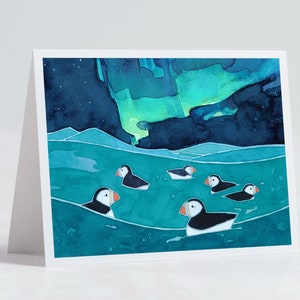 Puffins and Northern Lights Card Illustrated Animal Holiday Card image 1