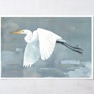 Great Egret Print Large Bird Watercolor Painting,Coastal Bird Art 13x19 inches