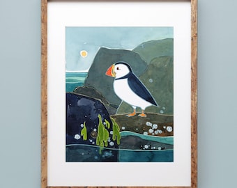 Coastal Puffin Watercolor Print Sea Bird Art