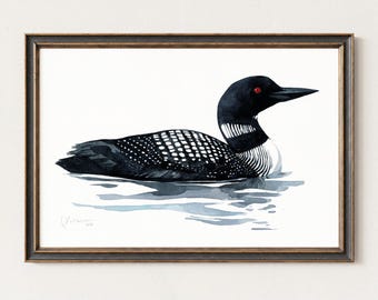 Loon Art Print Bird Watercolor Painting Coastal Wall Art, Lakehouse Decor