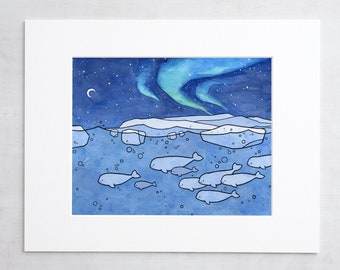 Fox and Northern Lights Illustration Print 5x7 | Etsy