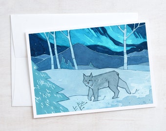 Lynx and Northern Lights Card Illustrated Holiday Card