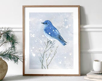 Mountain Bluebird in Snow Watercolor Painting Winter Bird Print Backyard Birdwatcher Gift
