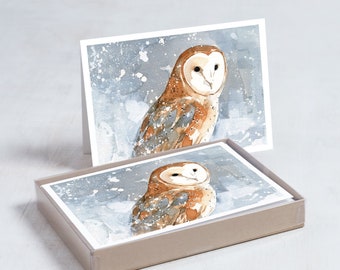 Barn Owl in Snow Christmas Card Set Winter Bird Rustic Country Holiday Cards