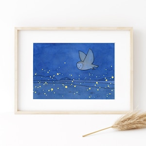 Owl and Fireflies Art Print: Whimsical Decor