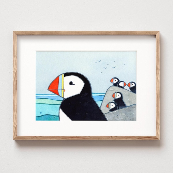 Puffin Island Art Print Coastal Kids Room Decor Children's Wall Art