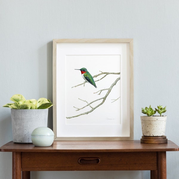Ruby-throated Hummingbird Watercolor Print Bird Wall Art