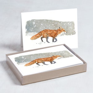 Juego de tarjetas navideñas de zorro en la nieve Tarjetas de felicitación de acuarela de invierno Tarjetas festivas
