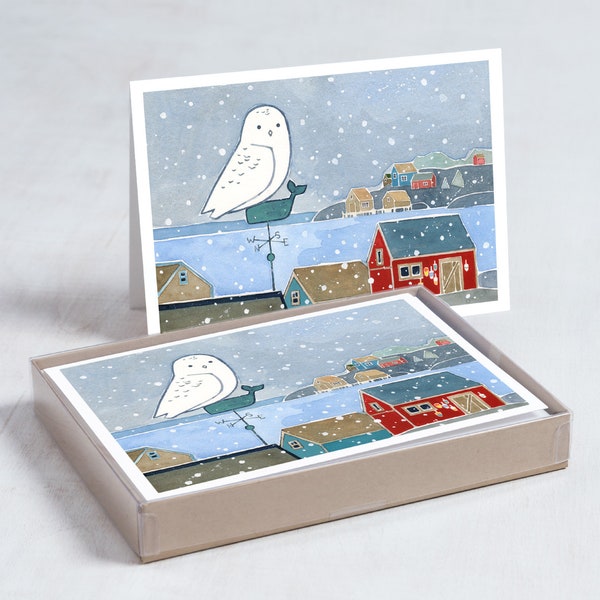 Snowy Owl Coastal Christmas Card Set Nautical Holiday Cards