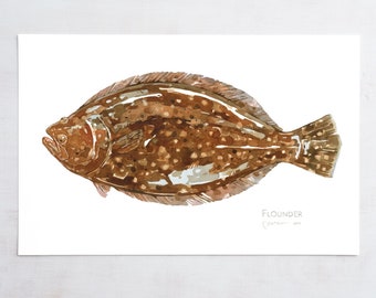 Flounder Watercolor Print, Nautical Fish Art Coastal Fish Decor Fisherman Gift Angler Present