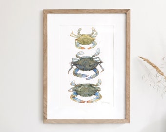 Blaue Krabben Aquarell Malerei Druck Küstenstrand Kunst Meer Dekor Maryland Blue Crab