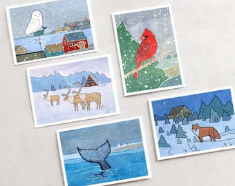Mixed Christmas Card Set 4 Christmas Animals Winter Holiday Greeting Cards