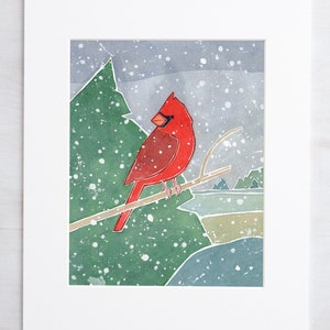 Red Cardinal Snow Art Print Winter Landscape Watercolor Bird Painting